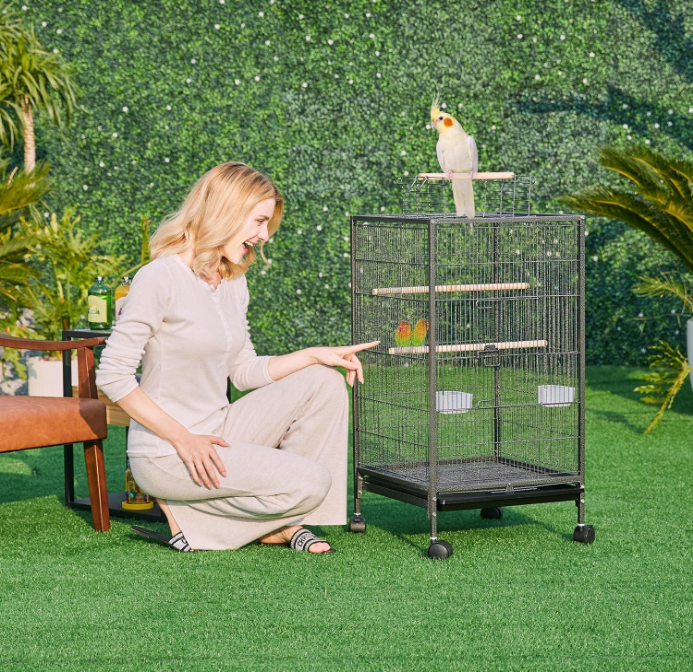 40 Inch Wrought Iron Bird Cage Open-Top Parrot Cage with Rolling Stand for Parakeets Cockatiels Budgies Parrotlets Lovebirds Canary Small-Sized Birds Parrots