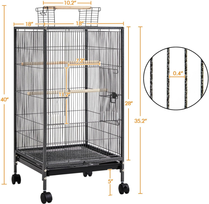 40 Inch Wrought Iron Bird Cage Open-Top Parrot Cage with Rolling Stand for Parakeets Cockatiels Budgies Parrotlets Lovebirds Canary Small-Sized Birds Parrots