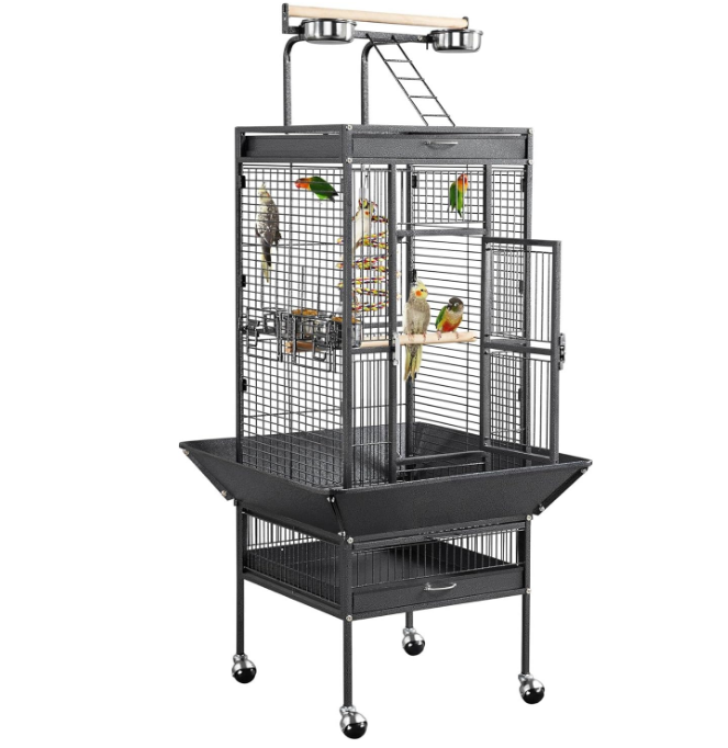 61-inch Playtop Wrought Iron Large Parrot Bird Cages with Rolling Stand for Cockatiels Amazon Parrot Quaker Conure Parakeet Lovebird Finch Canary Small Medium Parrot Cage Birdcage, Black