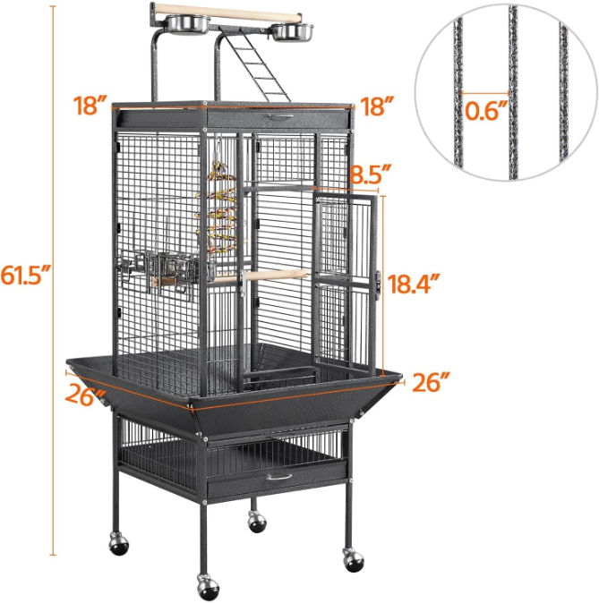 61-inch Playtop Wrought Iron Large Parrot Bird Cages with Rolling Stand for Cockatiels Amazon Parrot Quaker Conure Parakeet Lovebird Finch Canary Small Medium Parrot Cage Birdcage, Black