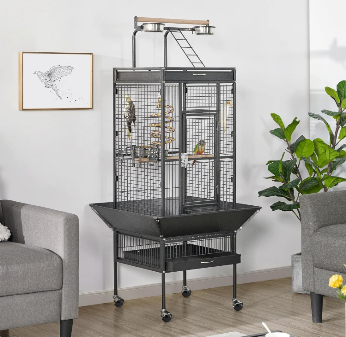 61-inch Playtop Wrought Iron Large Parrot Bird Cages with Rolling Stand for Cockatiels Amazon Parrot Quaker Conure Parakeet Lovebird Finch Canary Small Medium Parrot Cage Birdcage, Black
