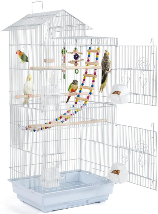 39-inch Roof Top Medium Parakeet Bird Cages for Cockatiels Conures Finches Budgies Canaries Lovebirds Parakeets Green Cheek Small Birds Parrots, Travel Flight Birdcage w/Toys, White