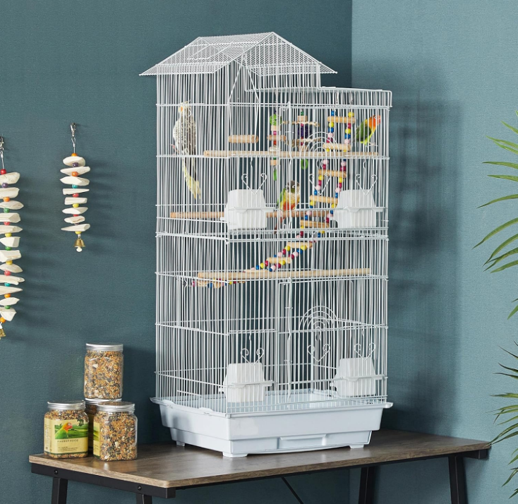 39-inch Roof Top Medium Parakeet Bird Cages for Cockatiels Conures Finches Budgies Canaries Lovebirds Parakeets Green Cheek Small Birds Parrots, Travel Flight Birdcage w/Toys, White