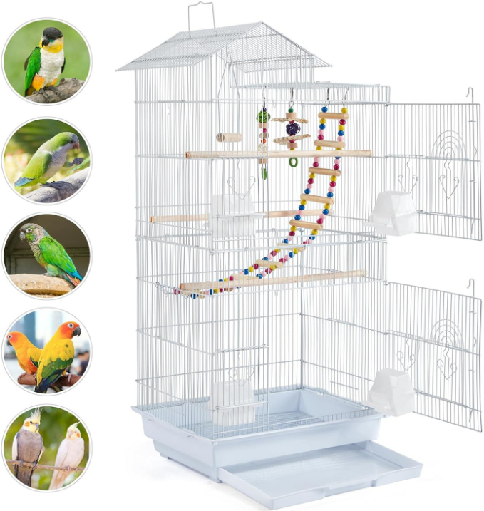 39-inch Roof Top Medium Parakeet Bird Cages for Cockatiels Conures Finches Budgies Canaries Lovebirds Parakeets Green Cheek Small Birds Parrots, Travel Flight Birdcage w/Toys, White