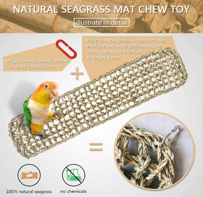 Bird Seagrass Mat 29.5"×7" Parrot Natural Grass Woven Net Hammock Hanging on Cage with Hooks Parakeet Climbing Rope Ladder Chew Toys for Pigeon Cockatiel Conure Budgie Cockatoo Rat
