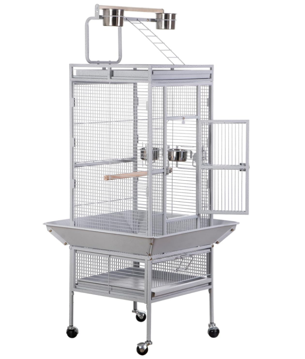 61-inch Large Parrot Cockatiel Bird Cages with Wrought Iron Play Top, Aviary with Rolling Stand for Sun Parakeet Quaker Conure Lovebird Budgie Finch African Grey White Birdcage (White)