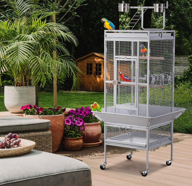 61-inch Large Parrot Cockatiel Bird Cages with Wrought Iron Play Top, Aviary with Rolling Stand for Sun Parakeet Quaker Conure Lovebird Budgie Finch African Grey White Birdcage (White)