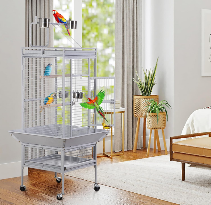 61-inch Large Parrot Cockatiel Bird Cages with Wrought Iron Play Top, Aviary with Rolling Stand for Sun Parakeet Quaker Conure Lovebird Budgie Finch African Grey White Birdcage (White)