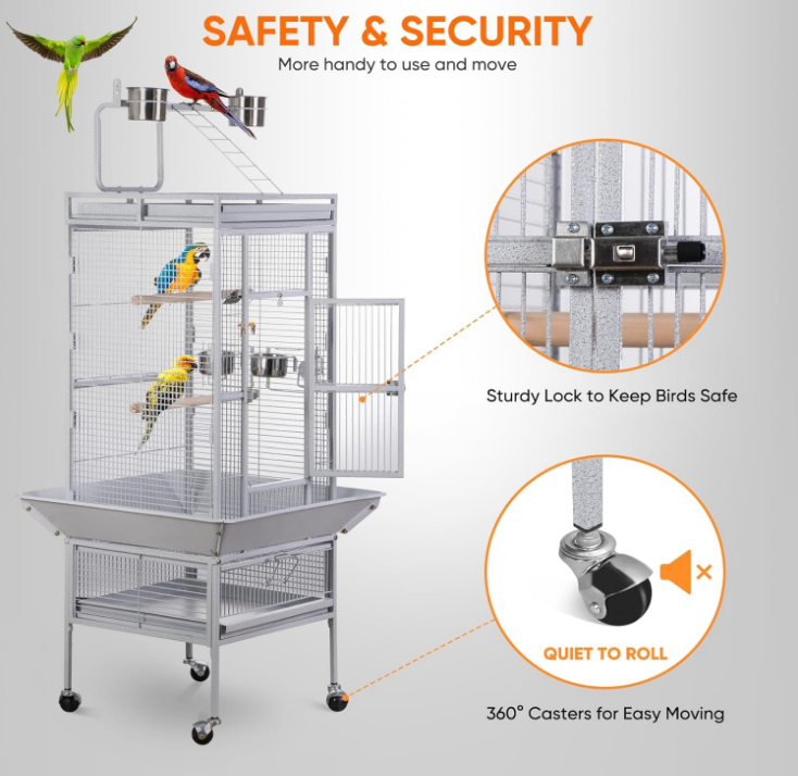 61-inch Large Parrot Cockatiel Bird Cages with Wrought Iron Play Top, Aviary with Rolling Stand for Sun Parakeet Quaker Conure Lovebird Budgie Finch African Grey White Birdcage (White)