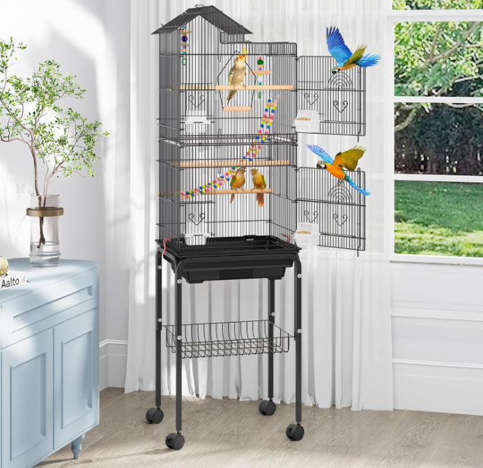 62 inch Metal Bird Cage, Large Parakeet Cages for Parrot, Cockatiel, Lovebird, Pigeon with Roof Top, Rolling Stand and Hanging Toys