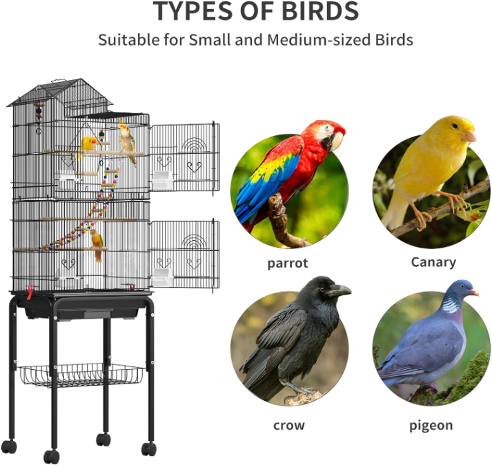 62 inch Metal Bird Cage, Large Parakeet Cages for Parrot, Cockatiel, Lovebird, Pigeon with Roof Top, Rolling Stand and Hanging Toys