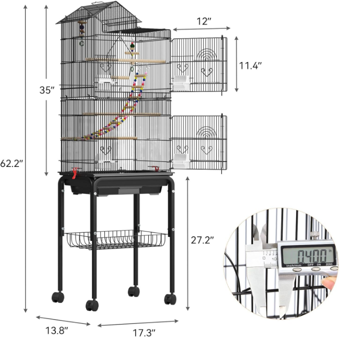 62 inch Metal Bird Cage, Large Parakeet Cages for Parrot, Cockatiel, Lovebird, Pigeon with Roof Top, Rolling Stand and Hanging Toys