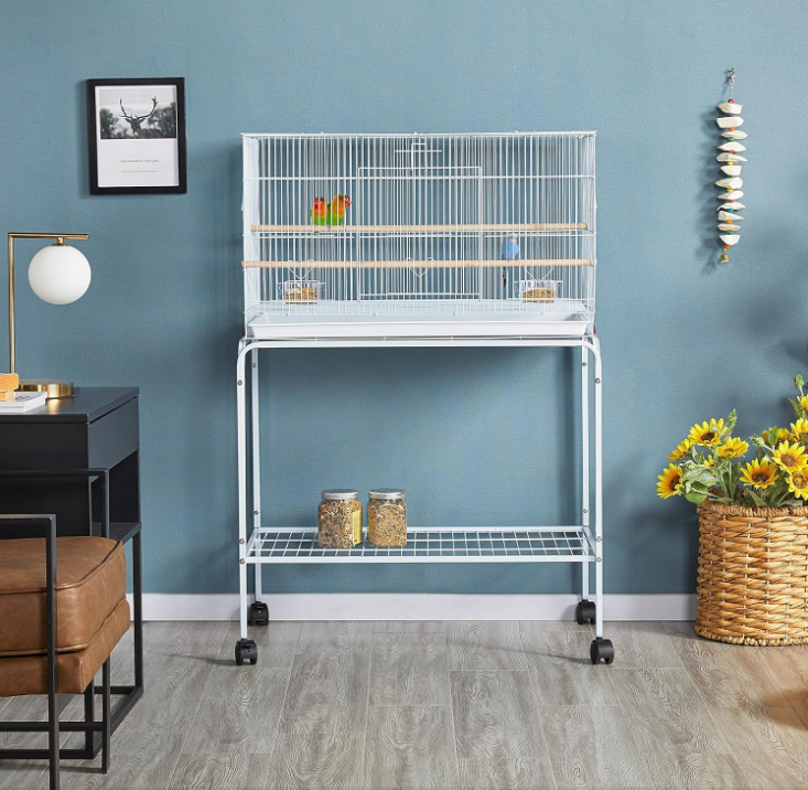 47-inch Flight Bird Cages for Parakeets Cockatiels Conures Budgies Finches Lovebirds Canaries Parrots Breeding Birdcage with Detachable Rolling Stand, White