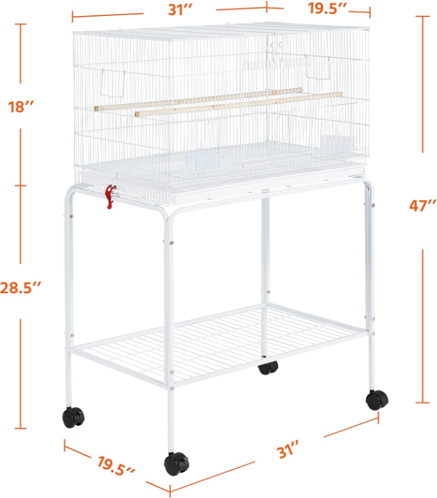47-inch Flight Bird Cages for Parakeets Cockatiels Conures Budgies Finches Lovebirds Canaries Parrots Breeding Birdcage with Detachable Rolling Stand, White