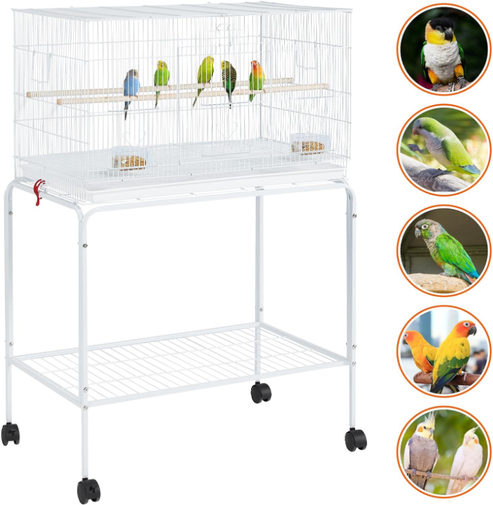 47-inch Flight Bird Cages for Parakeets Cockatiels Conures Budgies Finches Lovebirds Canaries Parrots Breeding Birdcage with Detachable Rolling Stand, White