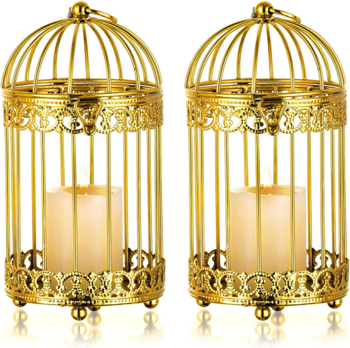 Candle Holders for Pillar Candles: 2 Set of 7.7 inch H Gold Bird Cages Lantern Wedding Centerpiece Small Metal Hanging Birdcage Pillars Holder for Bridal Shower Party Table Decorations