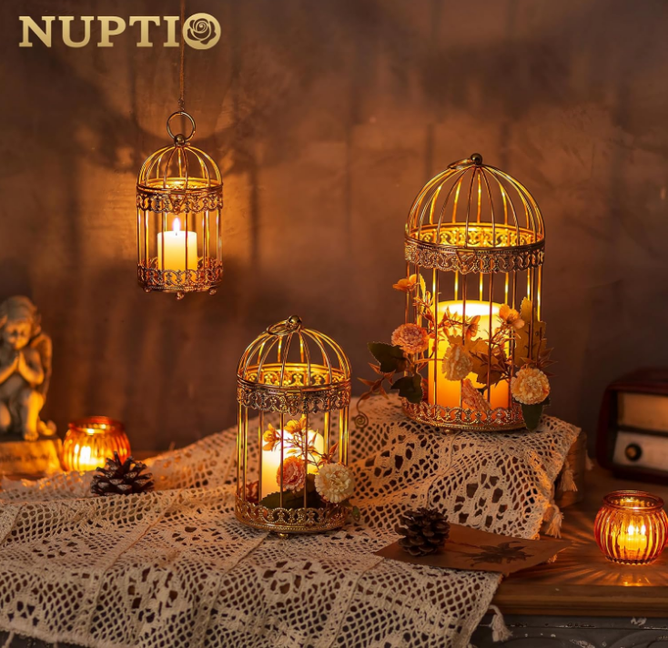 Candle Holders for Pillar Candles: 2 Set of 7.7 inch H Gold Bird Cages Lantern Wedding Centerpiece Small Metal Hanging Birdcage Pillars Holder for Bridal Shower Party Table Decorations