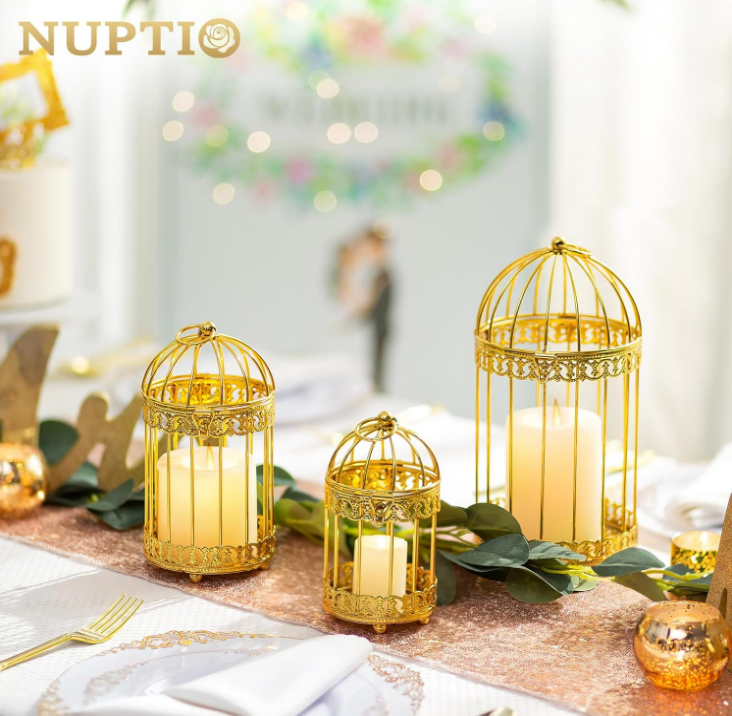 Candle Holders for Pillar Candles: 2 Set of 7.7 inch H Gold Bird Cages Lantern Wedding Centerpiece Small Metal Hanging Birdcage Pillars Holder for Bridal Shower Party Table Decorations