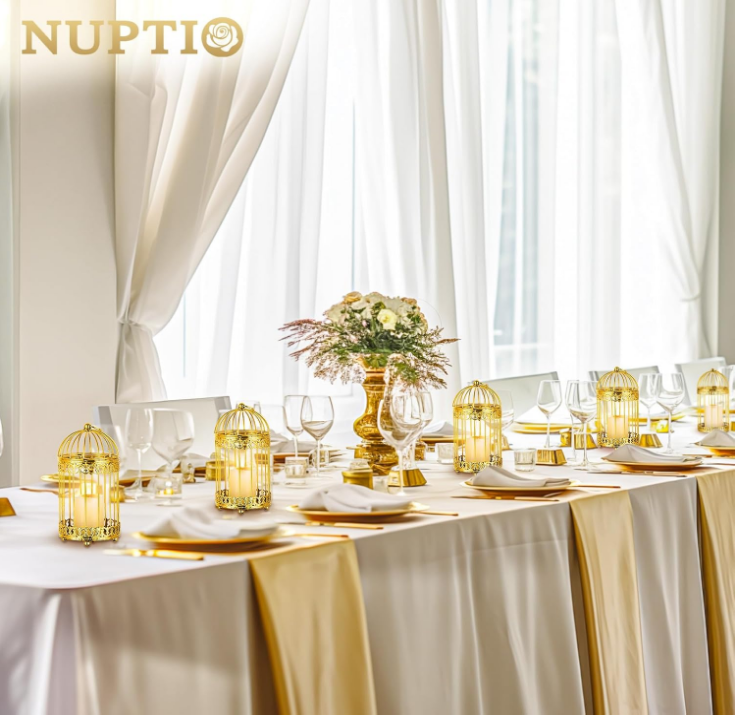 Candle Holders for Pillar Candles: 2 Set of 7.7 inch H Gold Bird Cages Lantern Wedding Centerpiece Small Metal Hanging Birdcage Pillars Holder for Bridal Shower Party Table Decorations