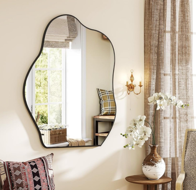 Asymmetrical Mirror, 24 x 32 Inches Irregular Wall Mirror, Wood Frame Unique Shape Wall Mounted Vanity Mirror, Decorative for Living Room Bedroom Entryway Hallway