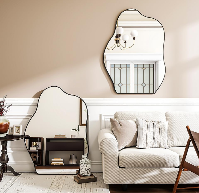 Asymmetrical Mirror, 24 x 32 Inches Irregular Wall Mirror, Wood Frame Unique Shape Wall Mounted Vanity Mirror, Decorative for Living Room Bedroom Entryway Hallway