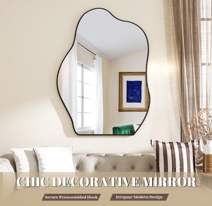 Asymmetrical Mirror, 24 x 32 Inches Irregular Wall Mirror, Wood Frame Unique Shape Wall Mounted Vanity Mirror, Decorative for Living Room Bedroom Entryway Hallway