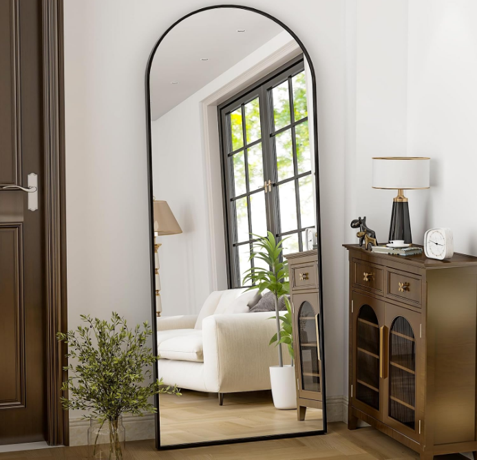 64"x21" Full Length Mirror Arched Full Mirror Free Standing Leaning Mirror Wall-Mounted Mirror Aluminum Frame Modern Mirrors for Living Room Bedroom Cloakroom, Black