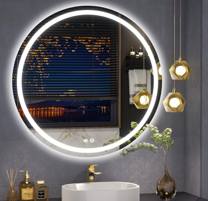 24x24inch Rounded LED Bathroom Mirror, 3 Colors Lighted & Stepless Dimmable Vanity-Mirror-with-Lights, Anti-Fog, Frameless, Horizontal/Vertical Hanging Wall Mirror