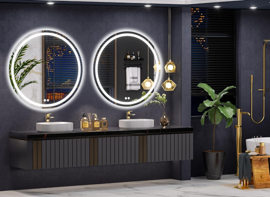 24x24inch Rounded LED Bathroom Mirror, 3 Colors Lighted & Stepless Dimmable Vanity-Mirror-with-Lights, Anti-Fog, Frameless, Horizontal/Vertical Hanging Wall Mirror
