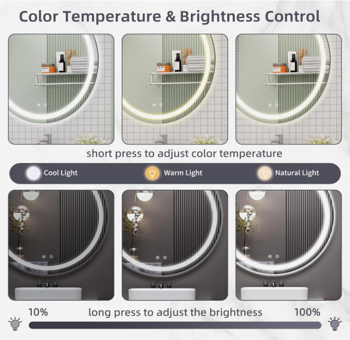 24x24inch Rounded LED Bathroom Mirror, 3 Colors Lighted & Stepless Dimmable Vanity-Mirror-with-Lights, Anti-Fog, Frameless, Horizontal/Vertical Hanging Wall Mirror