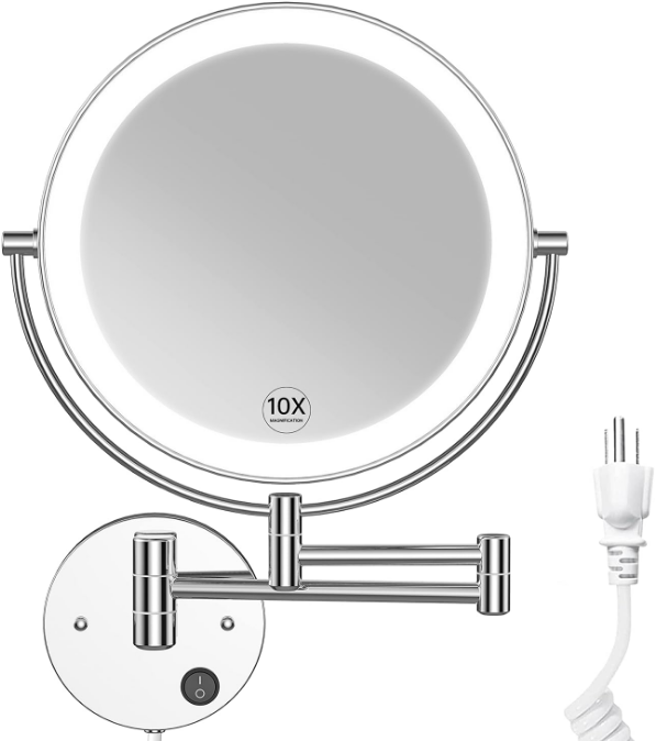 9" Wall Mounted Lighted Makeup Mirror with Magnification 10X, Large Size Double Sides LED Vanity Mirror, 10X Magnifying Mirror with Lights, 360° Swivel LED Bathroom Mirror