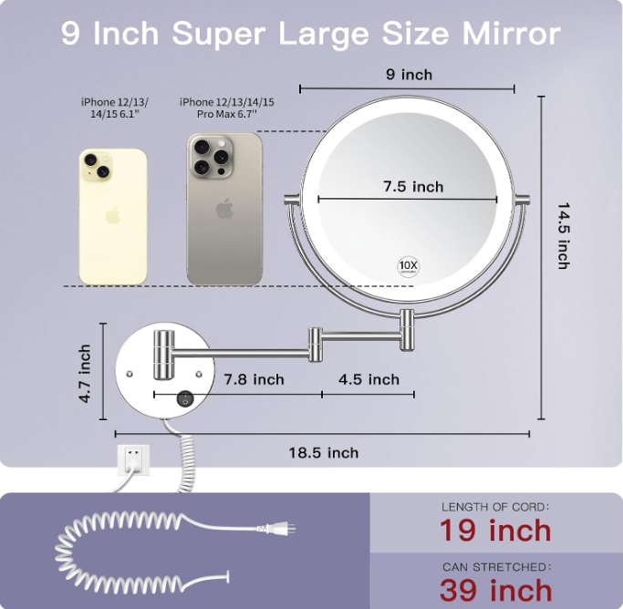 9" Wall Mounted Lighted Makeup Mirror with Magnification 10X, Large Size Double Sides LED Vanity Mirror, 10X Magnifying Mirror with Lights, 360° Swivel LED Bathroom Mirror