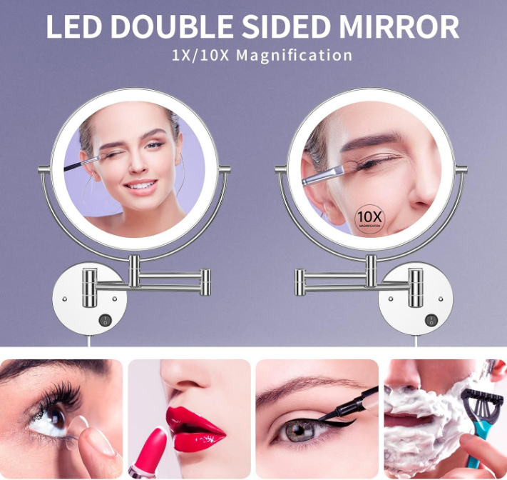9" Wall Mounted Lighted Makeup Mirror with Magnification 10X, Large Size Double Sides LED Vanity Mirror, 10X Magnifying Mirror with Lights, 360° Swivel LED Bathroom Mirror