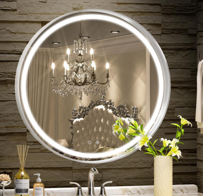 24 Round LED Mirror for Bathroom with Lights, Silver Circular Vanity Mirror for Wall, Metal Framed Frontlit Bathroom Mirrors Anti-Fog, Dimmable, 3 Colors Makeup Mirror Wall Mounted