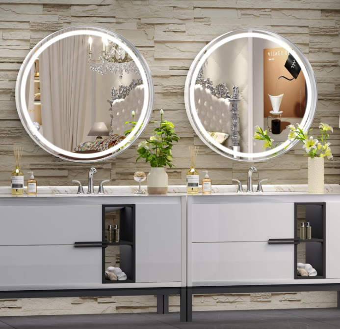 24 Round LED Mirror for Bathroom with Lights, Silver Circular Vanity Mirror for Wall, Metal Framed Frontlit Bathroom Mirrors Anti-Fog, Dimmable, 3 Colors Makeup Mirror Wall Mounted