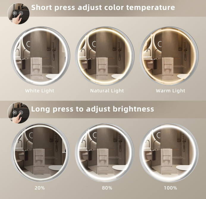 24 Round LED Mirror for Bathroom with Lights, Silver Circular Vanity Mirror for Wall, Metal Framed Frontlit Bathroom Mirrors Anti-Fog, Dimmable, 3 Colors Makeup Mirror Wall Mounted