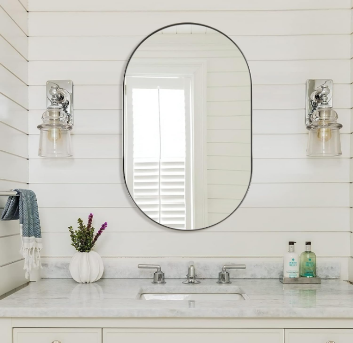 Brushed Nickel Bathroom Mirror, 20x33 Oval Silver Mirrors, Oval Wall Mirror, Oval Vanity Mirror HD Reflection Metal Frame Mirror for Bathroom Hang Vertical or Horizontal