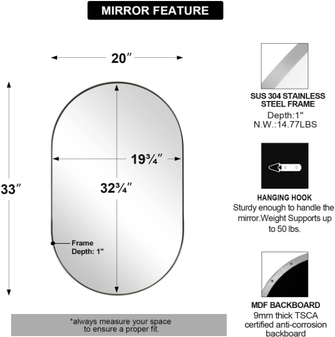 Brushed Nickel Bathroom Mirror, 20x33 Oval Silver Mirrors, Oval Wall Mirror, Oval Vanity Mirror HD Reflection Metal Frame Mirror for Bathroom Hang Vertical or Horizontal