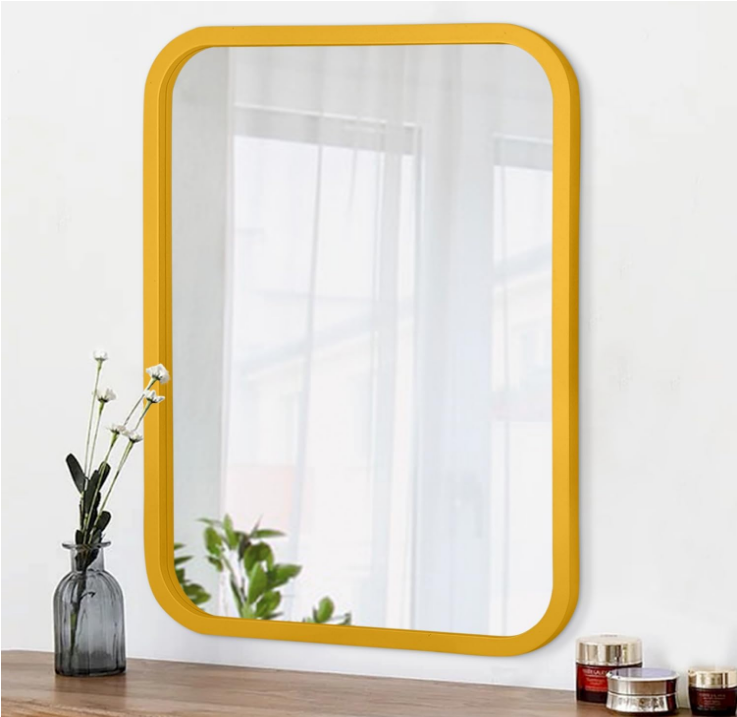 Wall Mirror Framed Rounded Corner Modern Rectangle Bathroom Mirror Hanging Wall Mounted Glass Panel Decorative Mirror Wall Mounted Vertical for Home Farmhouse Small Mirror Yellow