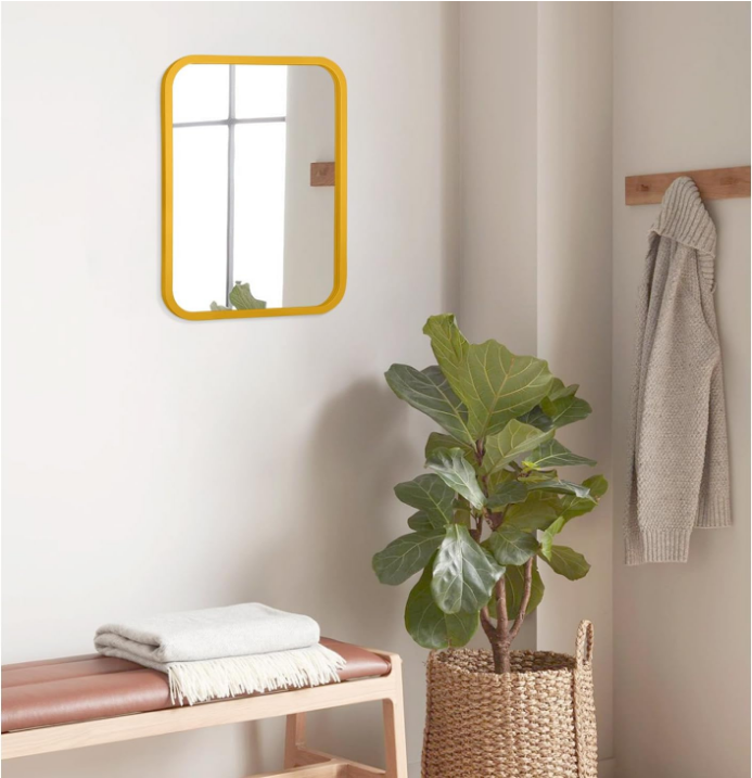 Wall Mirror Framed Rounded Corner Modern Rectangle Bathroom Mirror Hanging Wall Mounted Glass Panel Decorative Mirror Wall Mounted Vertical for Home Farmhouse Small Mirror Yellow