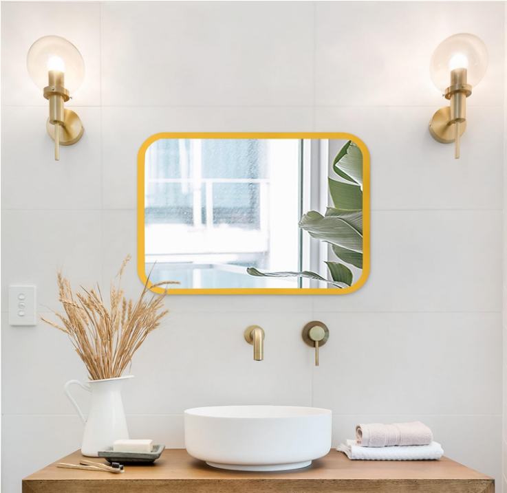 Wall Mirror Framed Rounded Corner Modern Rectangle Bathroom Mirror Hanging Wall Mounted Glass Panel Decorative Mirror Wall Mounted Vertical for Home Farmhouse Small Mirror Yellow