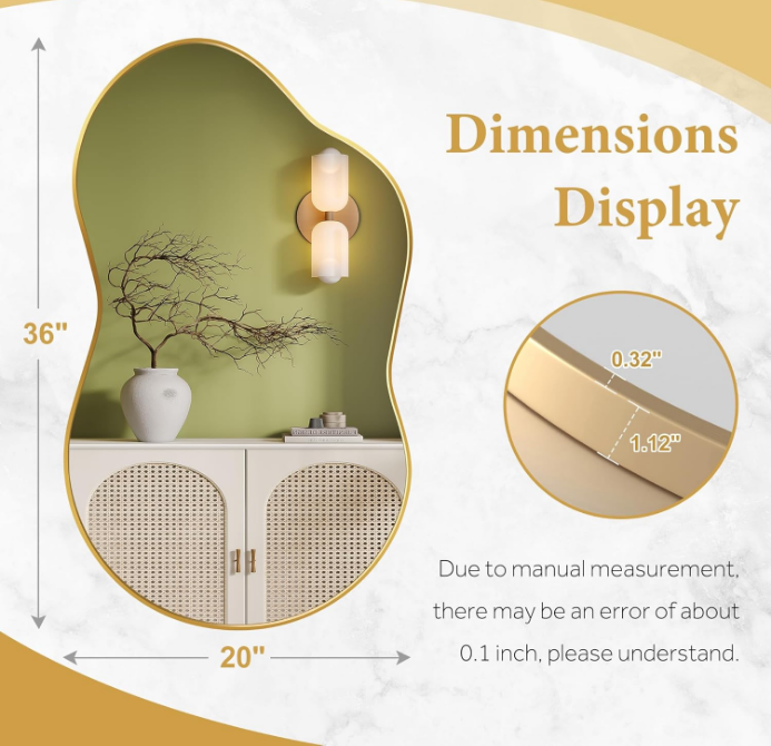 Irregular Wall Mirror - Wall Mirrors Decorative 20"x36" Gold Asymmetrical Mirror Aviation Aluminum Alloy Frame for Bathroom, Bedroom, Living Room, Cloakroom, Entryway