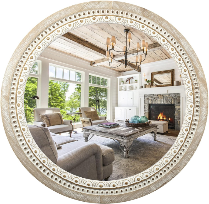 24 Inch Wooden Round Mirror for Wall Decor, Farmhouse Boho Circle Mirror with Beaded Frame, Rustic Decorative Mirror for Bedroom, Bathroom, Living Room, Entryway