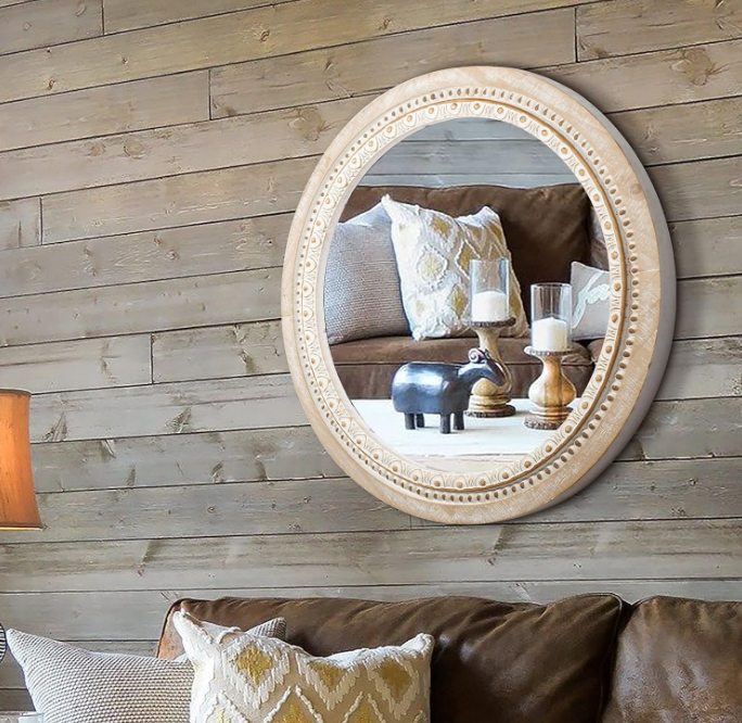 24 Inch Wooden Round Mirror for Wall Decor, Farmhouse Boho Circle Mirror with Beaded Frame, Rustic Decorative Mirror for Bedroom, Bathroom, Living Room, Entryway