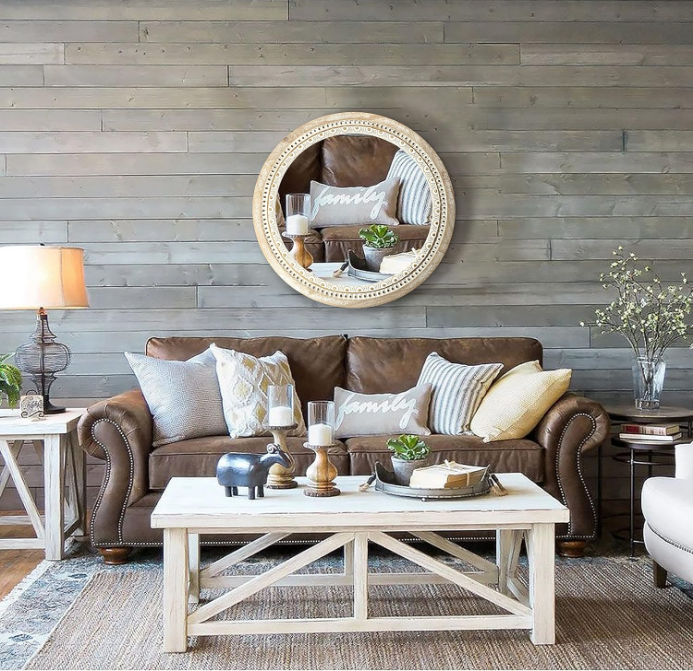 24 Inch Wooden Round Mirror for Wall Decor, Farmhouse Boho Circle Mirror with Beaded Frame, Rustic Decorative Mirror for Bedroom, Bathroom, Living Room, Entryway