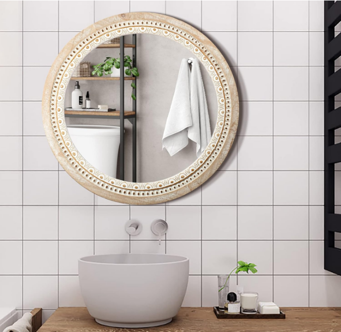 24 Inch Wooden Round Mirror for Wall Decor, Farmhouse Boho Circle Mirror with Beaded Frame, Rustic Decorative Mirror for Bedroom, Bathroom, Living Room, Entryway