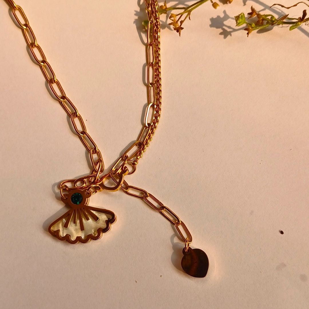 Golden Fan Charm Layered Necklace