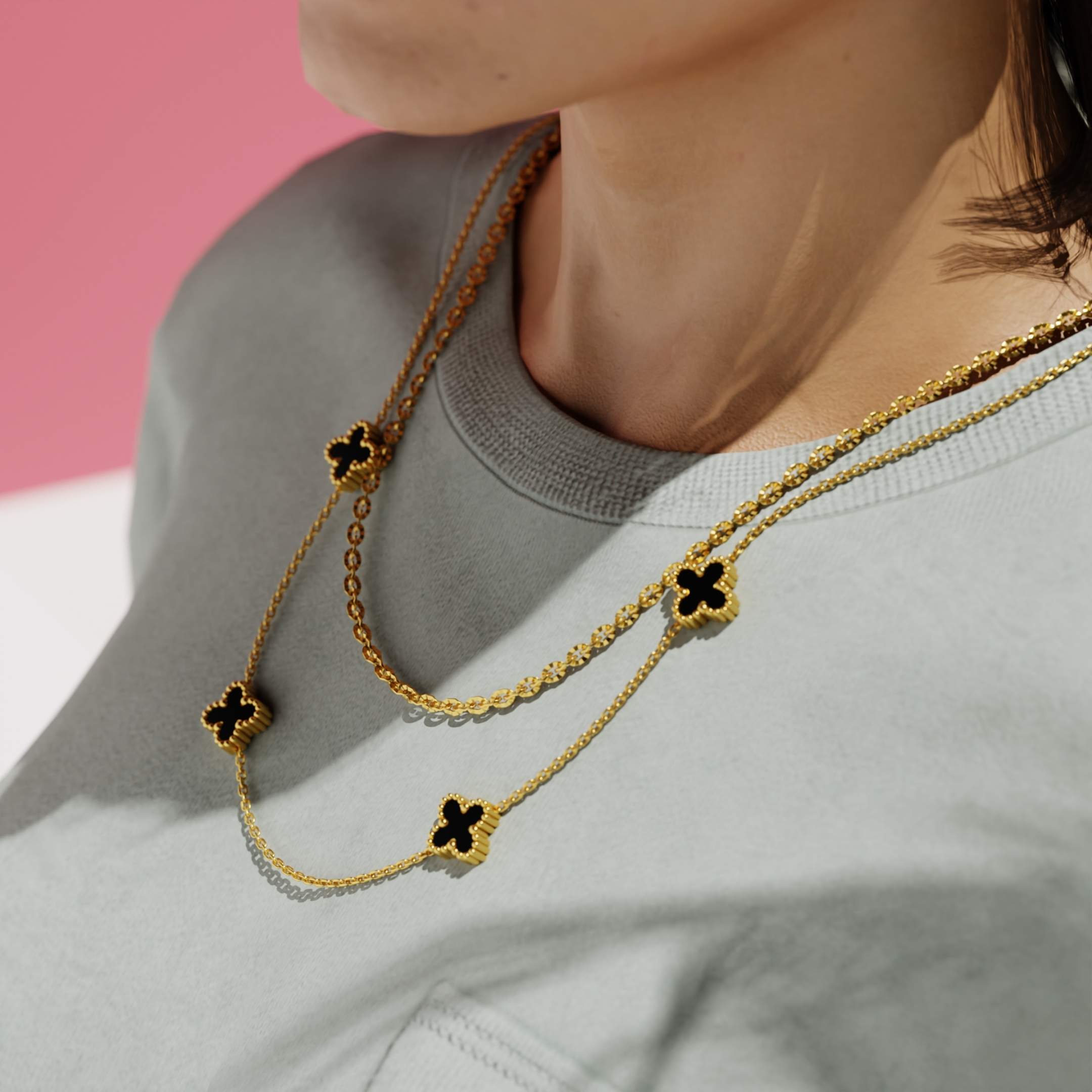 Midnight Bloom Layered Clover Necklace