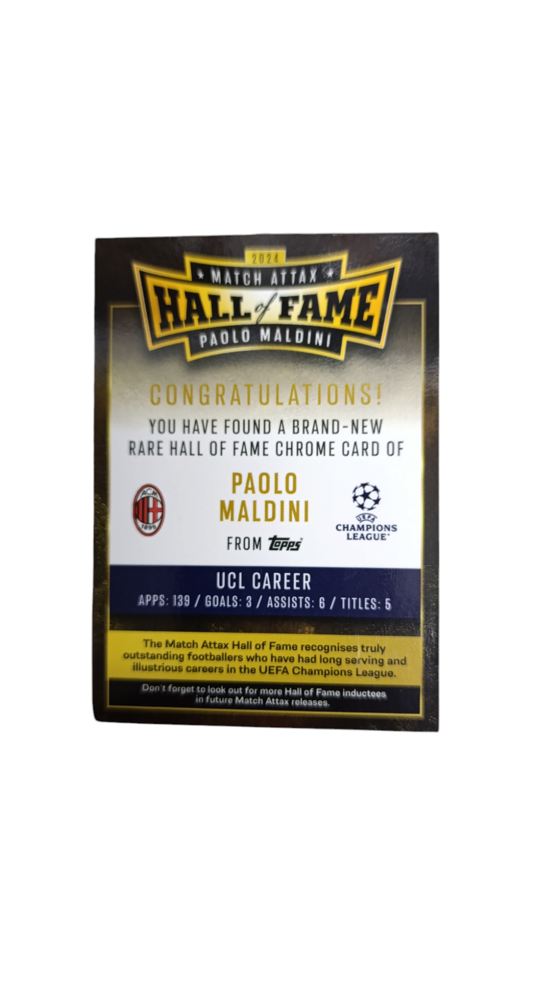 card Match Attax HALL OF FAME PAOLO MALDINI de Topps 2024
