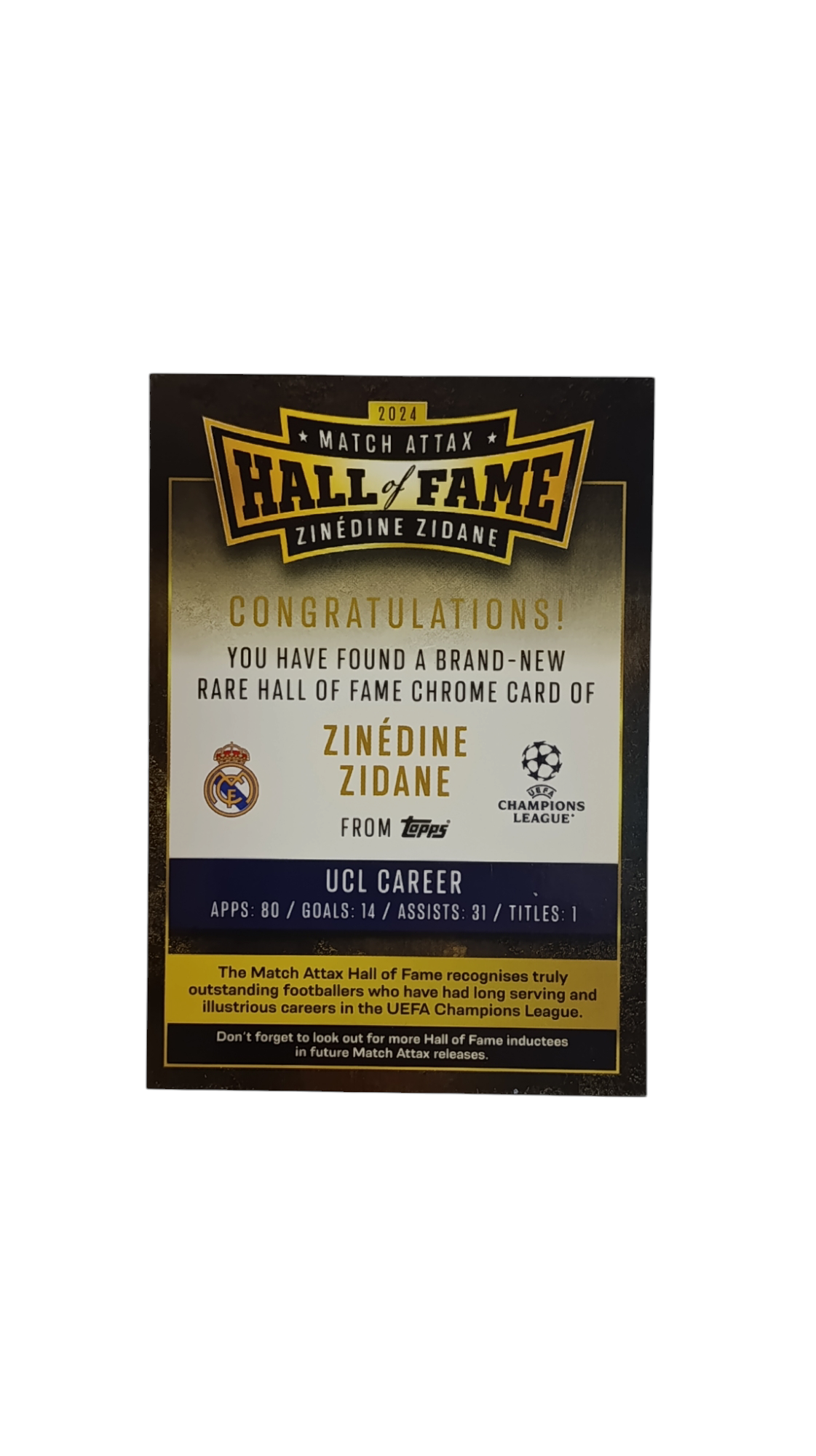 card Match Attax HALL OF FAME ZINÉDINE ZIDANE 2024 de Topps 